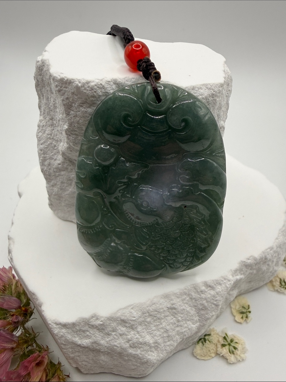 Green Jade Fish Carved Pendant Necklace -